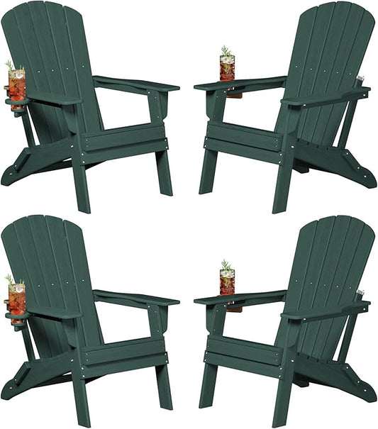 Plawdlik Folding Adirondack Chair, SGS Tested, Wooden Textured with Cup Holder, Heavy All-Weather HDPE Comfortable Set Poolside Backyard Lawn Green Set 4