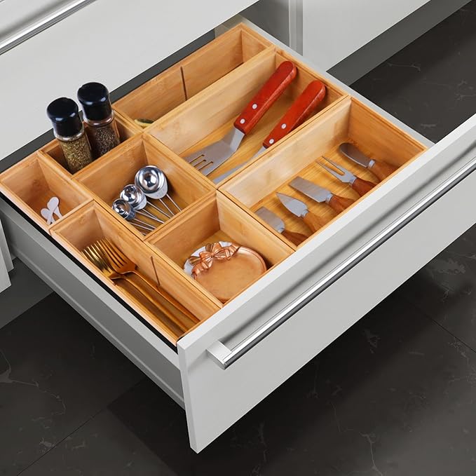 Bamboo Drawer Organizer Set, 8 PCS Multi-Use Wood Drawer Storage Boxes, Junk Drawer Organizer Divider Bins for Kitchen, Bathroom, Office Desk, Makeup, Jewelry, Utensils
