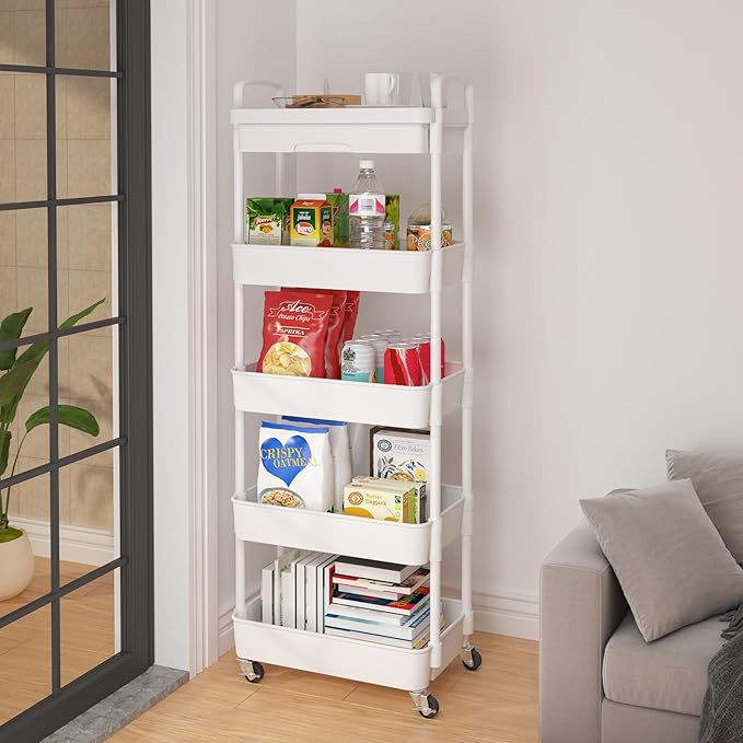 Calmootey 5-Tier Rolling Utility Cart with Drawer,Multifunctional Storage Organizer with Plastic Shelf & Metal Wheels,Storage Cart for Kitchen,Bathroom,Living Room,Office,White