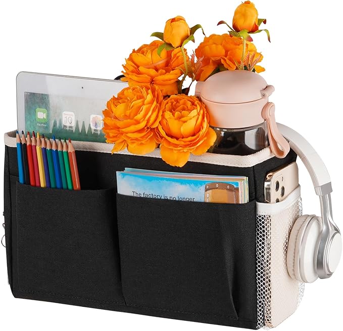 Bedside Caddy Bedside Hanging Storage Basket Bed Caddy for Headboards Bunk Dorm Rooms Crib Beds Rails Organizer (Black)