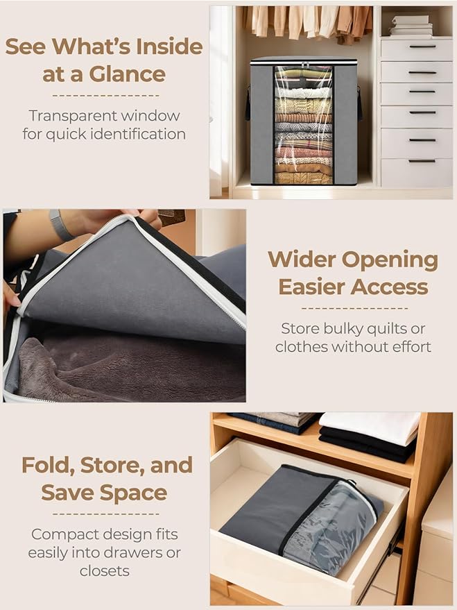120L Extra Large Blanket & Clothes Storage Bags for Bedding & Comforters & Pillow–Foldable Thick Waterproof Fabric with Clear Window,Dual Zippers & Sturdy Handles,3 Pack Seasonal Organization