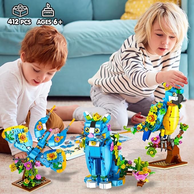 3 in 1 Flower Cat Parrot Butterfly Building Set, Animal Figures Building Toy for Home Office Art Decor, 412 PCS Building Block Gift for Kids Boys Girls Ages 6 7 8 9 10 11 12+ Adults