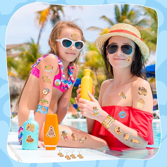 98 PCS Capybara Party Favors, Capybara Temporary Tattoos, Slap Bracelets, Keychains, Stickers, and Badges for Kids Capybara Birthday Party Decorations and Classroom Rewards