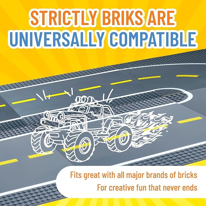 Strictly Briks Compatible with Lego Building Blocks Road Plates 10" x 10", 8 Pack Kids Brick Baseplates for City Road, Street, Race Track, Towns, Classic Size (4 Straight & 4 Curved)