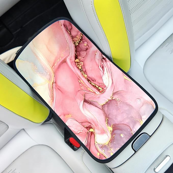 Adastrah Car Armrest Box Pad,Pink Marble Car Armrest Pad Car Armrest Cover Protector for Most Vehicle, SUV, Truck, Car