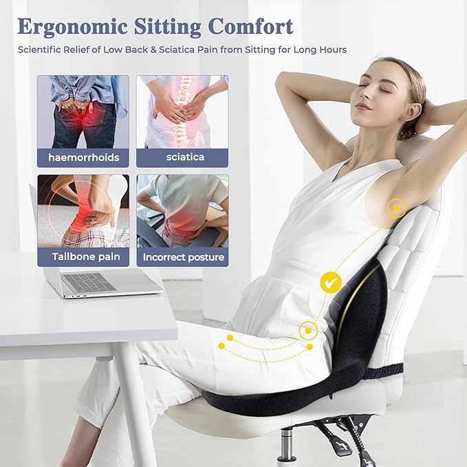 Ergonomic Seat Cushion with Adjustable Strap, Memory Foam Office Chair Seat Cushion with L-Shaped Design, Car Seat Cushion Fits for Truck Driver Semi Truck, Gaming Chair, Desk, Dark Gray