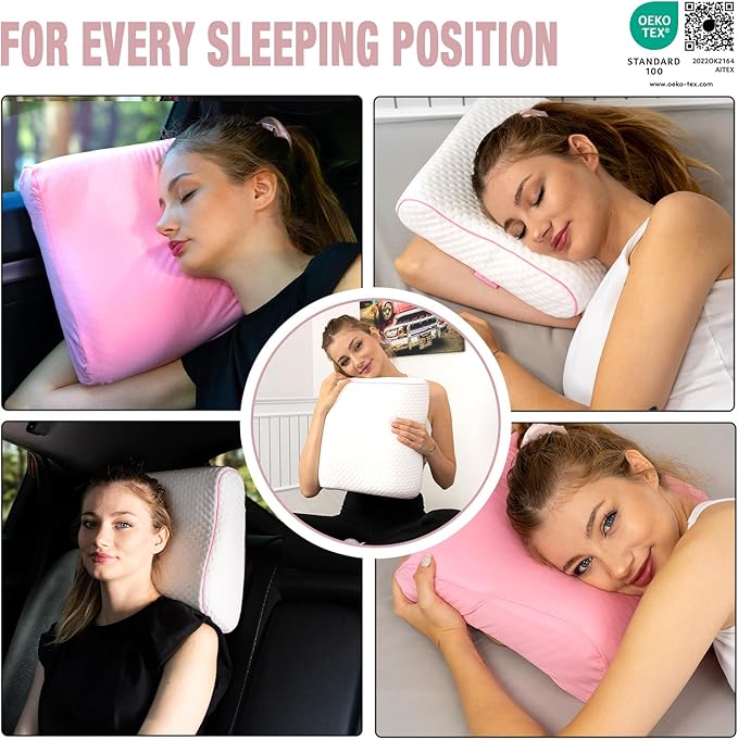 alkamto Travel & Camping Comfortable Memory Foam Pillow – Easy to Carry Portable Bag – Temperature Regulating Pillow Case (Pink Contour + Extra Cover)