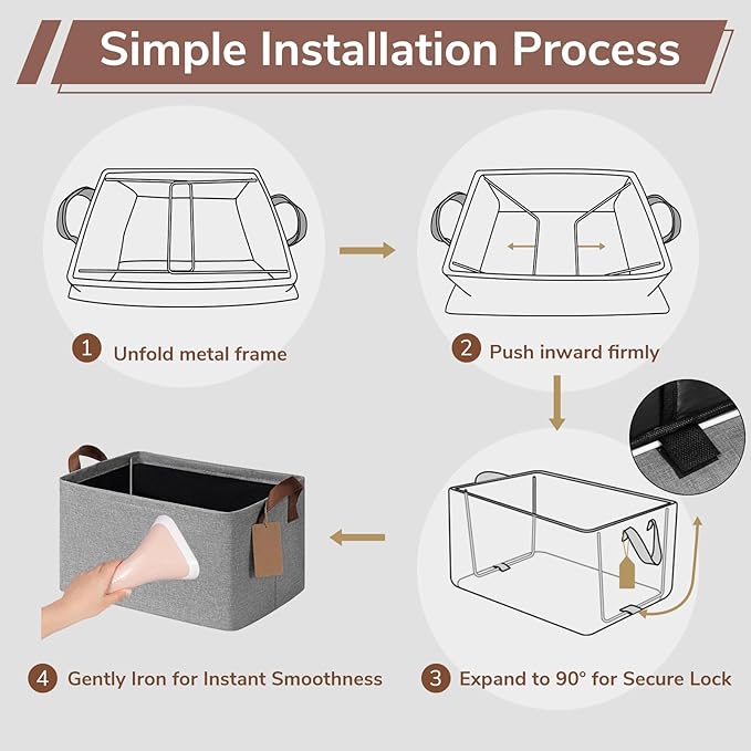 CHICVITA 4 Pack Storage Baskets for Shelves, Foldable Fabric Storage Bins with Metal Frame Handles, Closet Organizer Bins for Toys Blankets, 14.8" x 10.3" x 8.3", Gray