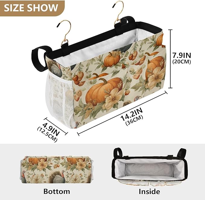 Thanksgiving Turkeys Pumpkin Beige Bedside Caddy for Dorm Bed Bedside Hanging Caddy Bag Iron Frame Storage Organizer Pocket for Bunk Home College Hospital Beds 2 Hooks