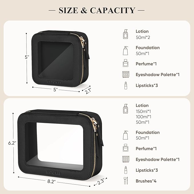 MSTONAL Clear Makeup Bag, Travel Toiletry Bag Cosmetic Case for Women, Waterproof Portable Make Up Skincare Pouch with Zipper, Compact Car Organizer Bag for Essentials, Mini & Medium, Black