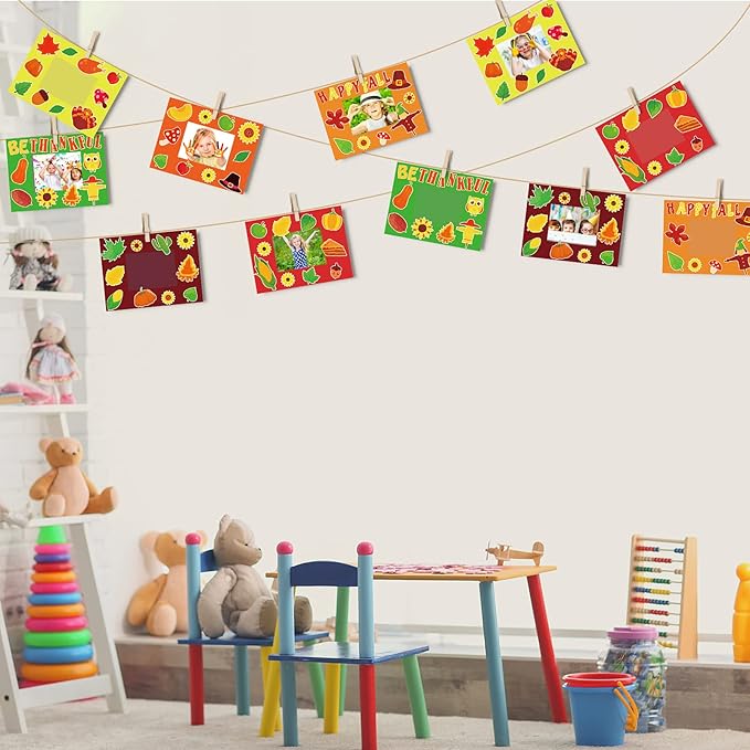 chiazllta 30 Packs Thanksgiving Fall Picture Frame Craft Kits for Kids, DIY Pumpkin Maple Leaf Turkey Craft Autumn Holiday Art Favor Home Class Kindergarten Game Activities