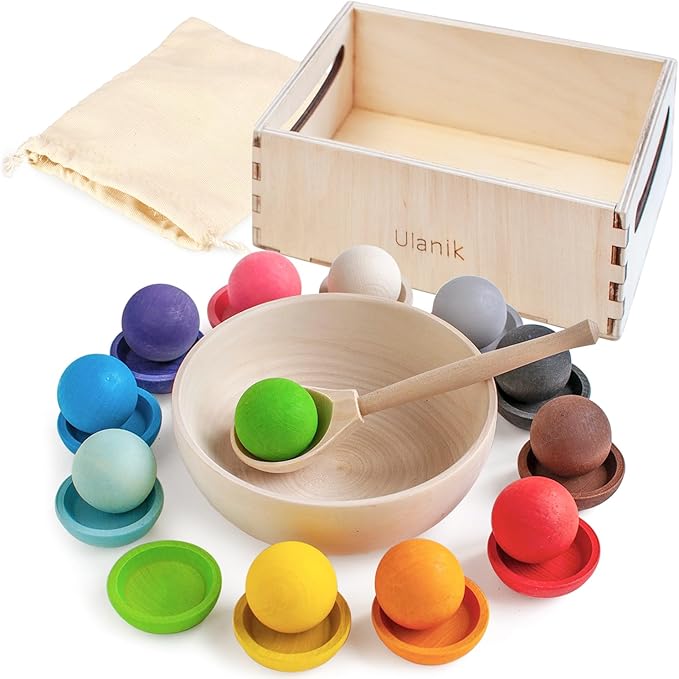 Ulanik Balls on Plates Toddler Montessori Toys for 1+ Year Old Kids Wooden Matching Game for Learning Color Sorting and Counting — 12 Balls, 1.18 in