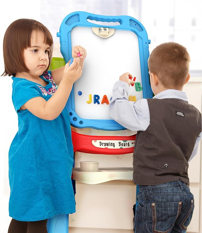 Kids Art Easel, Adjustable Drawing White Board & Chalk Board, Toddler Standing Easel with Painting Accessories, Gift for Girls Boy (Blue)