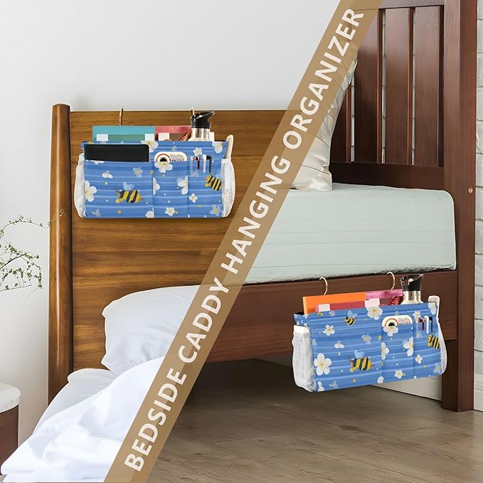 Blue Striped Sakura Bees Bedside Caddy for Dorm Bed Bedside Hanging Caddy Bag Iron Frame Storage Organizer Pocket for Bunk Home College Hospital Beds 2 Hooks