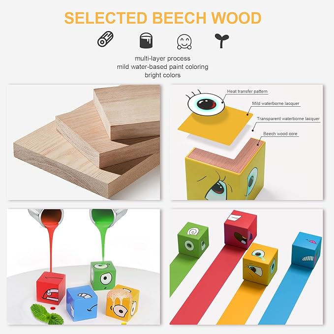 Face Changing Building Blocks Game, Wooden Expression of Face Change Magic Cube Educational Puzzles Toy Fidget Toys Cube Mini Board Game for Kids and Adults with 72 Cards (Large)