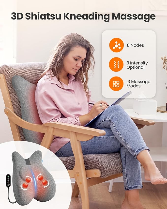 CILI Heated Lumbar Support Pillow for Office Chair, Memory Foam Lumbar Pillow with 4 Shiatsu Massage Heads, Graphene Heating Back Support Cushion, Chair Back Massager, Gifts for Him/Her