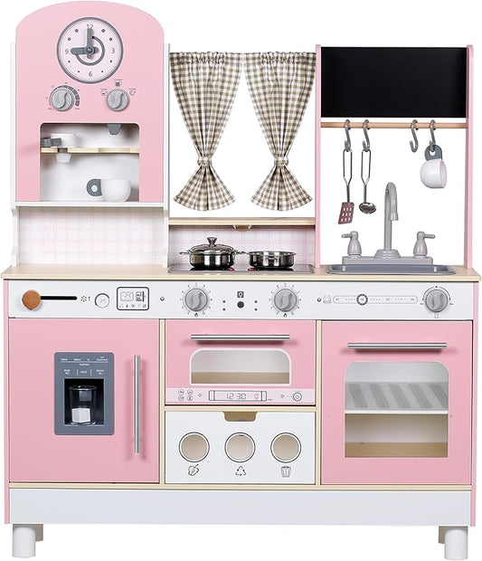 Kids Kitchen playset, Wooden Play Kitchen, Height Adjustable, Comes with Various Kitchen Accessories, Ideal Role Play Toy Gift for Toddlers and Kids Ages 3-8 (Pink)
