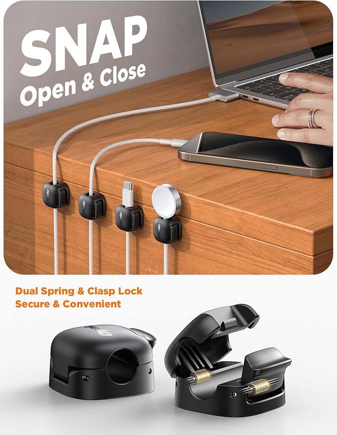 12Pack Cord Organizer - Chfeila [Dual Spring & Clasp Lock] Cable Management Clips, Adhesive Phone Charger Keeper, Compact Wire Holder for Nightstand/Car, Home Office Desk Accessories Decor Essentials