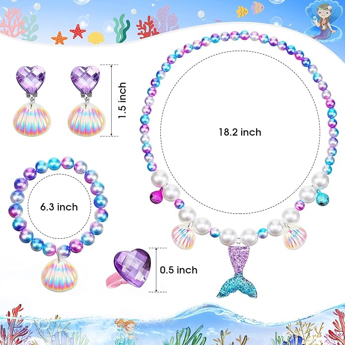 Jadive Mermaid Jewelry for Girls, Kids Mermaid Necklace Bracelet Ring Earrings Set Jewelry Gifts for Kids Toddler Pretend Play Christmas Dress up Party Decorations