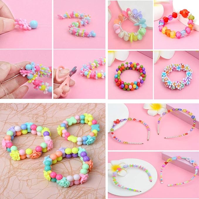Beads Art Crafts Toys, Acrylic Beads Bracelet Making Kits DIY Beads Kits 24 Different Types and Shapes Colorful Acrylic Beads for Girls Kids DIY Bead Set Gift for 6 + Years Old Kids Birthday Gift