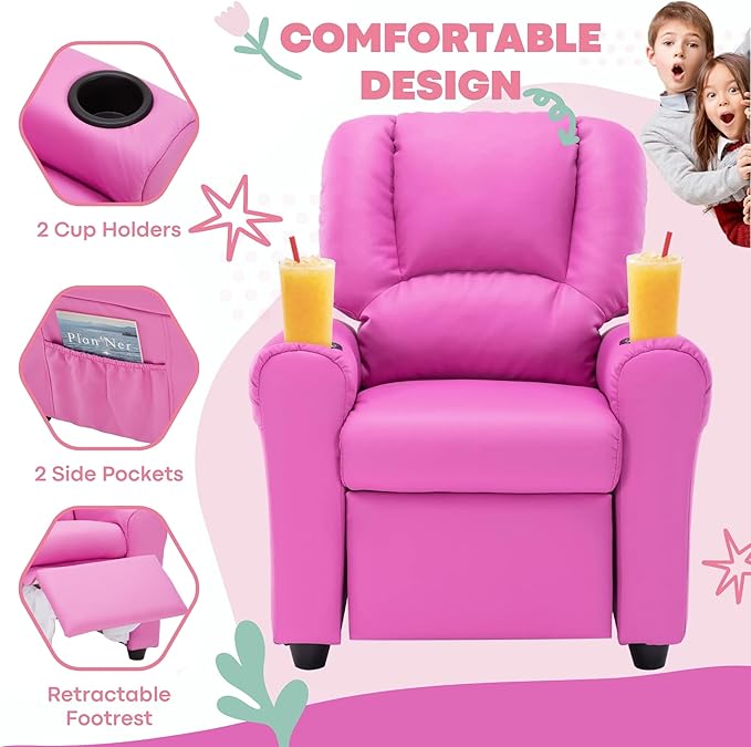 JC HOME Candy Kids Reclining Chair Leather Recliner Sofa Toddler Youth Children Child Ages 1-6