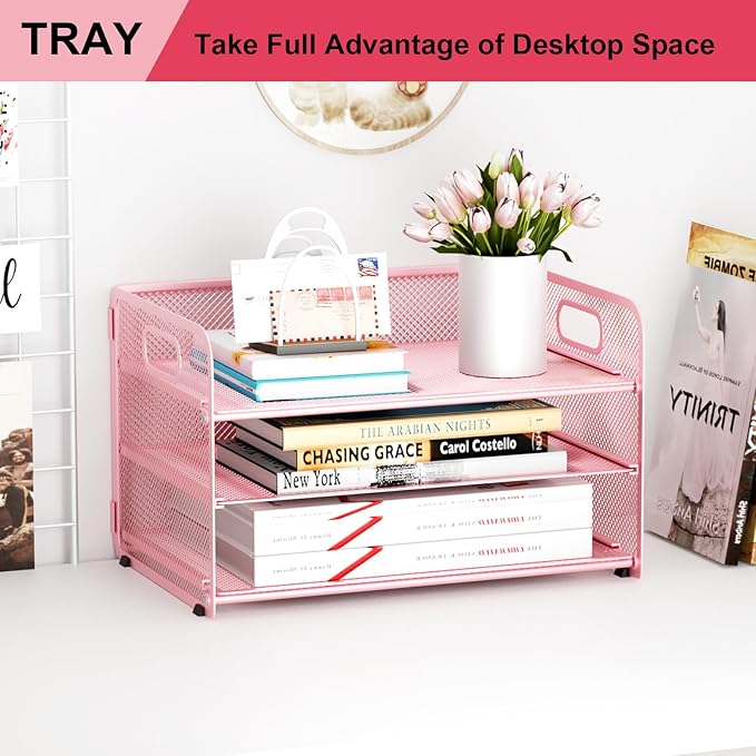 3 Tier Paper Letter Tray Organizer for Desk, Mesh File Folder Document Organizer with Handle for Home Office Supplies Desktop Accessories, Pink