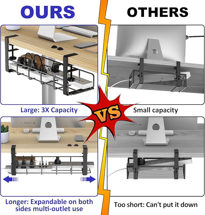 15.7” Under Desk Cable Management Tray, No Drill Steel Cable Tray Organizers, Wire Management Tray Cable Rack with Clamp Mount, Metal Under Desk Tray with Wire and Cord Organizer (Black, 1 Pack)