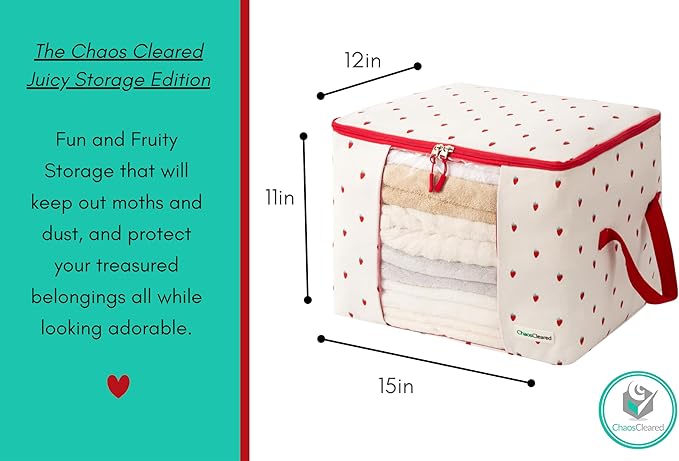 Canvas Storage Bags Designer Organizer 2 Pack – Seasonal Storage for Sweaters, Blankets, Linens & Garments – Foldable Design with Zip & Window, Moth-Proof Space Saver, Strawberry Print