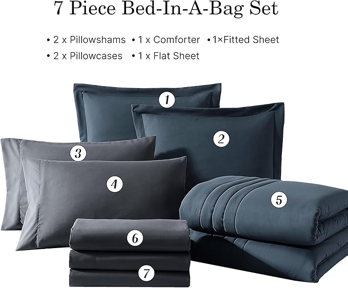 Monbix Oversized Queen Comforter Set - 7 Pieces Blue Grey Bed in a Bag Oversized Queen Bedding Sets with Comforters, All Seasons Comforter Bed Set with Sheets, Pillowcases & Shams