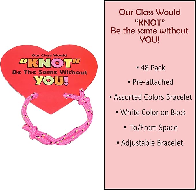 4E's Novelty Valentines Bracelets with Cards (48 Pack ) Our Class Will Knot Be The Same Without You - Bulk School Valentines Day Gifts for Kids from Teacher Party Favors Classroom Exchange
