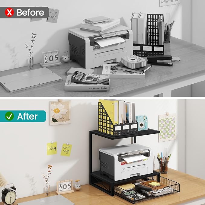 ELITEROO 2-Tier Printer Shelf with Drawers, Wooden Desk Organizer Shelf for Small Printers and Office Supplies, Desktop Storage Rack for Books, Folders, Scanner, Fax Machine, 3D Printer, Black