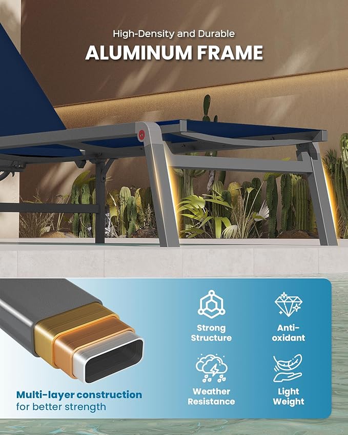 Pool Lounge Chairs Set of 2, Foldable Aluminum Chaise Lounge Outdoor with 5 Positions Recliner - Free Assembly - Patio Chaise Lounge Chair for Poolside, Beach, Yard (Navyblue, 2 Pack)