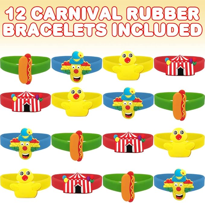 ArtCreativity Carnival Rubber Bracelets for Kids, Set of 12, Colorful Stretchy Rubber Wristbands for Boys and Girls, Fun Birthday Party Favors for Children, Goodie Bag Fillers, Carnival Prize