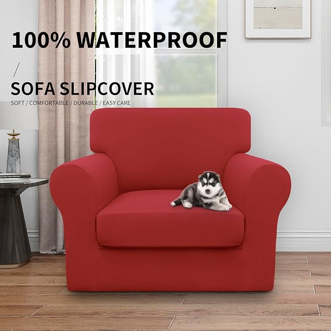 Easy-Going 100% Dual Waterproof Chair Cover Stretch Soft Couch Cover for Dogs, Sofa Slipcover for 1 Separate Cushion Couch Leakproof Furniture Protector for Kids, Pets Christmas Red