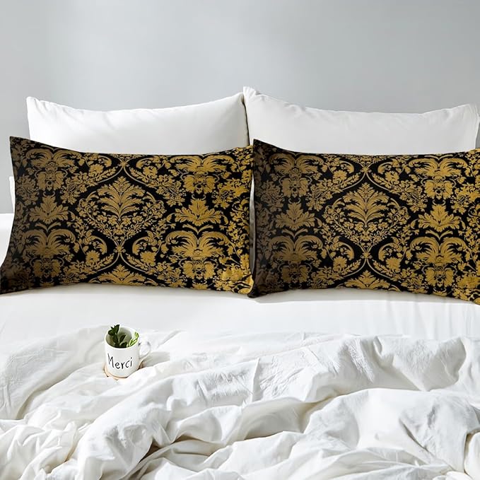 Feelyou Black Gold Comforter Cover Set Queen Size Vintage Damask Floral Duvet Cover for Kids Adult Oriental Antique Bedding Set Gothic Boho Flower Bedspread Cover for Bedroom Decor,No Comforter