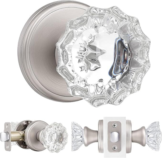 SHINY HANDLES Glass Door Knobs Interior,Passage Crystal Door Knobs for Hall, Closet（Satin Nickel, 1 Pack