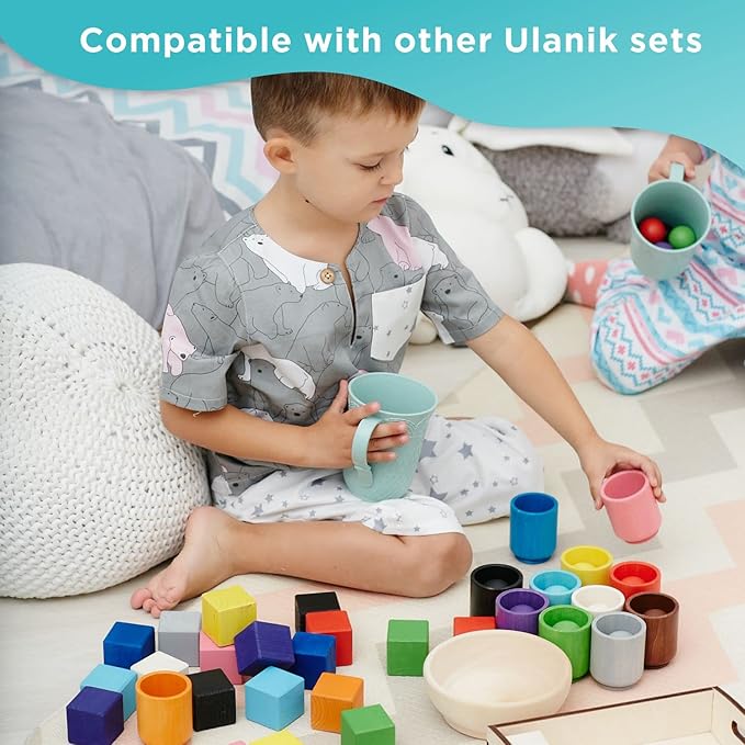 Ulanik Large Colored Cubes Toddler Montessori Toys for 3 Year Old + Kids Wooden Building Blocks Game for Learning Color Sorting and Counting — 25 pcs, 1.6 in