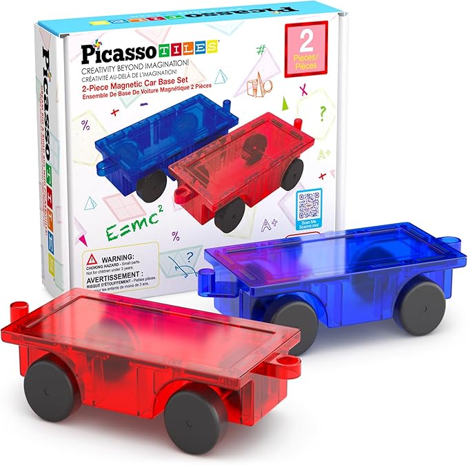 PicassoTiles 2 Piece Car Truck Construction Kit Toy Set Vehicle for Magnetic Blocks Building Tile Sensory Magnet Toys with Re-Enforced Hitch & Long Bed Educational Puzzle Girls Boys Toddlers Ages 3+