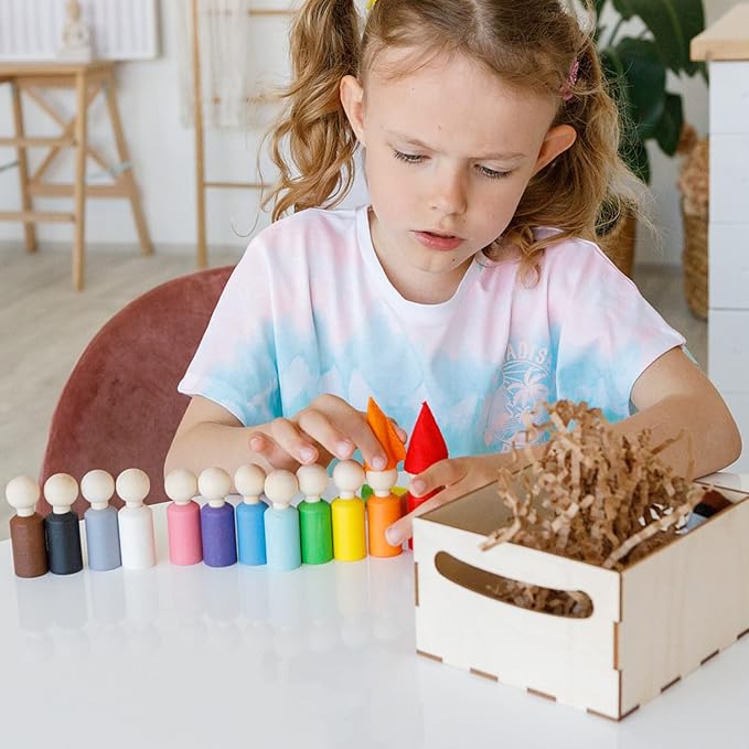 Ulanik Peg Dolls with Hats Toddler Montessori Toys for 3 Year Old + Kids Wooden Waldorf Dolls for Learning Color Sorting and Counting — 12 Gnomes, 2.36 in