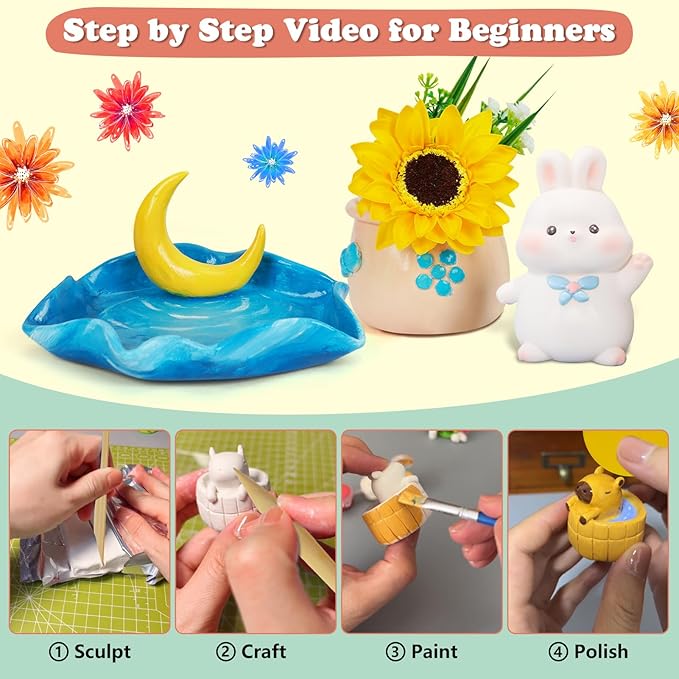 UHAPEER Air Dry Clay Kit for Adults, Pottery Set for Beginners with Clay, Sculpting Tools, Varnish, Pottery Paint, Step-by-Step Guide & Video, Gift for Arts Crafts Lover