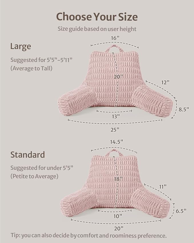 Blissful Diary Reading Pillow, Large Backrest Pillow with Shredded Memory Foam for Adult & Children, Designed for Bed and Couch Sitting Up, Includes Arms, Pockets and Washable Cover, Pale Pink