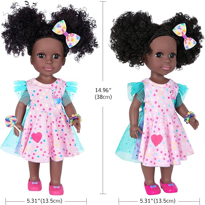 Black Dolls 14.5 Inch Baby Girl Doll with Clothes and Accessories,African Girl Baby Doll Gift for Girls Kids with Doll Pink Flamingo Theme Dress,Camera,Sunglasses Etc