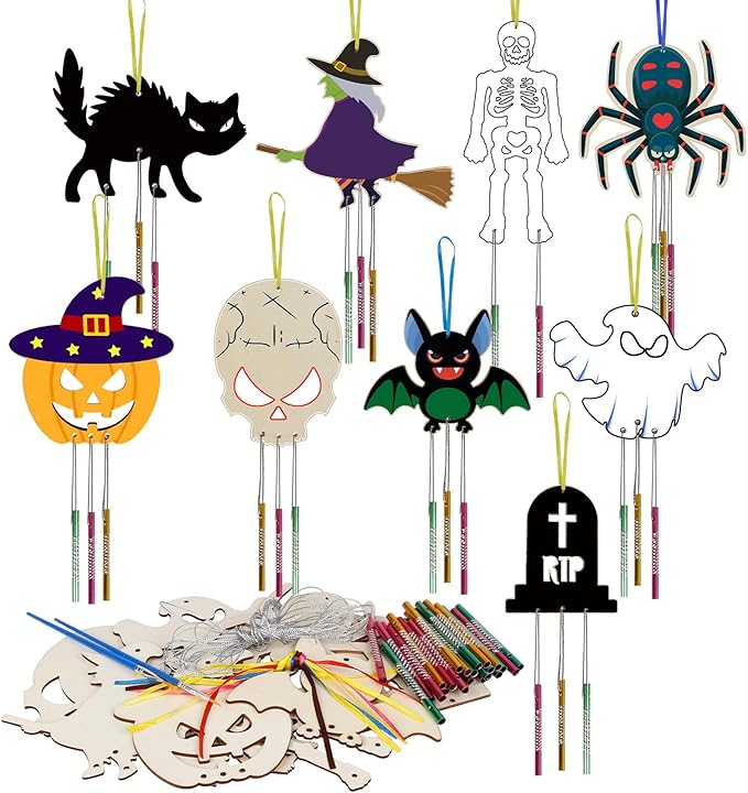 9 Pack Halloween Wind Chime Kit for Kids,Halloween Craft Kits Wooden Wind Chime Decorative Hanging Ornaments DIY Painting Craft for Boys Girls Family Activities Halloween Party Supplies