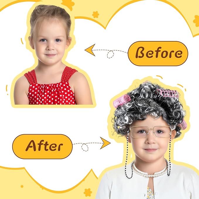 9 Pcs 100 Days of School Costume for Girls Old Lady Costume for Kids Grandma Wig Dress up Cosplay Accessories