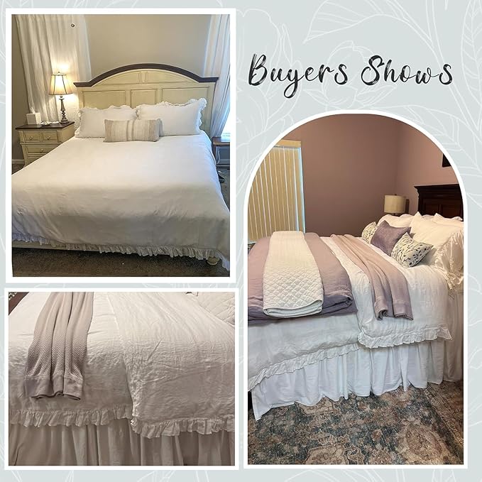Simple&Opulence 100% Linen Duvet Cover Set, 3 PCS Natural French Flax White Ruffle Duvet Cover Full Size, Breathable Comfy Linen Bedding Comforter Cover with 2 Pillowcases (White, 78" X 86")