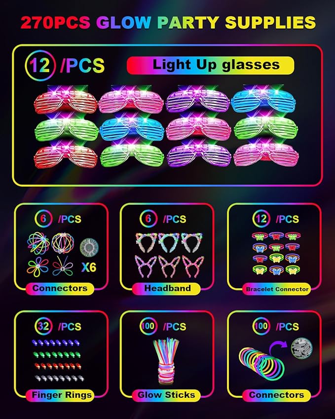 Glow in the Dark Party Supplies for Kids Adults, Glow Party Favors, Light Up Toys 100 Glow Sticks Bulk Party Pack, Bracelets LED Glasses Finger Lights Headband for Wedding Birthday New Year Halloween