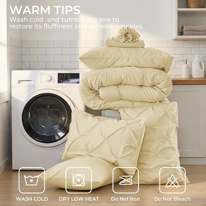 Sasttie Full Size Comforter Set, 7-Piece Bed in a Bag, Pintuck Bedding Set for All Season, Includes Comforter, Flat Sheet, Fitted Sheet, Pillowcases and Pillowshams, Pale Yellow