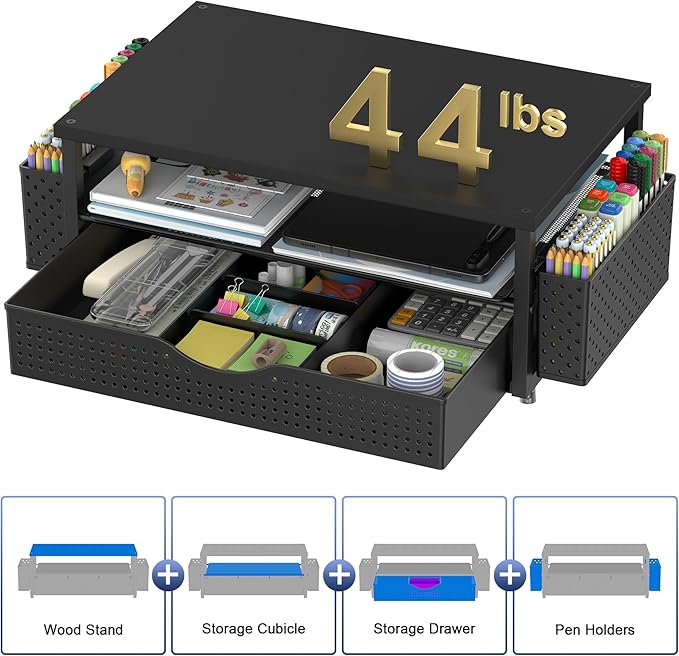 Spacrea Desk Organizer and Accessories, Computer Monitor Stand Riser with Drawer and 2 Pen Holders, Office Desk Accessories & Workspace Organizers for Office Supplies (Black)