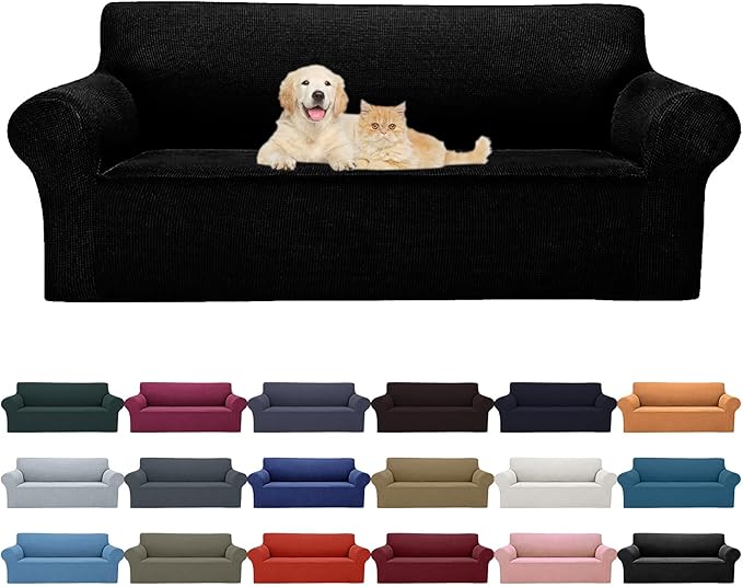2025 New Stretch Oversized Sofa Slipcovers Couch Sofa Cover for 4 Seater Furniture Protector Covers with Elastic Bottom Jacquard Fabric Small Checks for Pets, Kids - Black