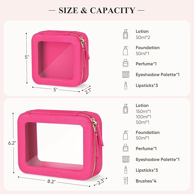 MSTONAL Clear Makeup Bag, Travel Toiletry Bag Cosmetic Case for Women, Waterproof Portable Make Up Skincare Pouch with Zipper, Compact Car Organizer Bag for Essentials, Medium Size, Hot Pink